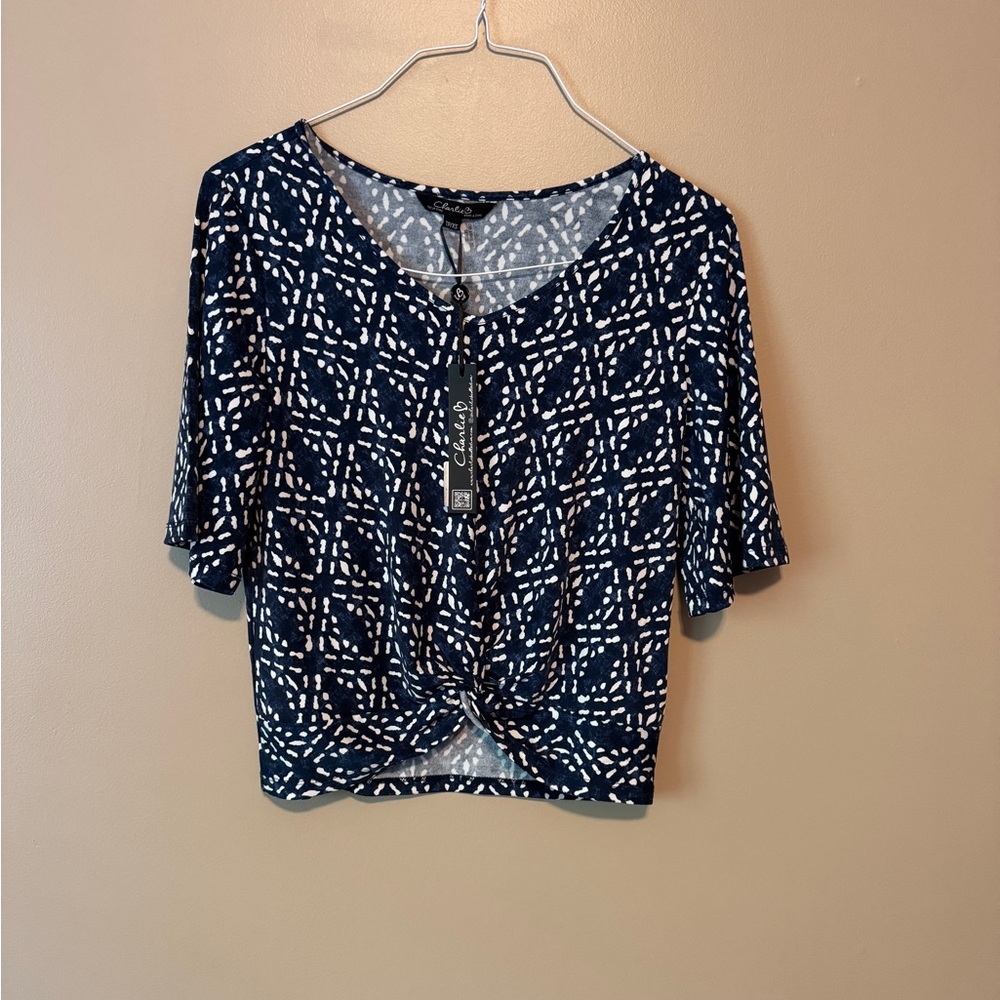 CHARLIE B Black and White Tie Front 3/4 Sleeve Blouse
